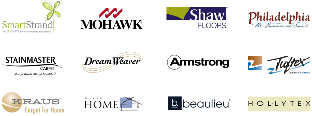 Flooring company logos: SmartStrand, Mohawk, Shaw Floors, Philadelphia, Stainmaster, DreamWeaver, Armstrong, Tuftex, Kraus, Dixie Home, Beaulieu, and Hollytex. End ID.